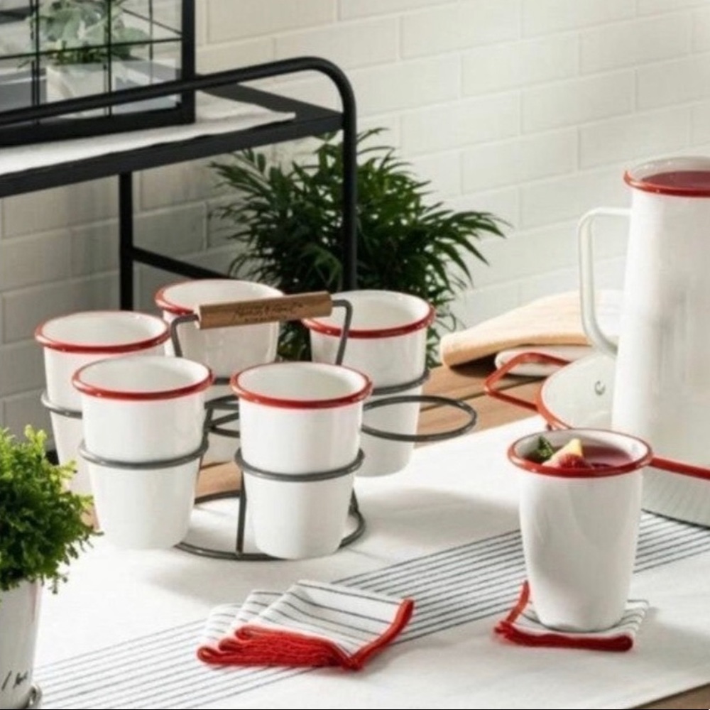 New Hearth & Hand Caddy 6 glass set white orange